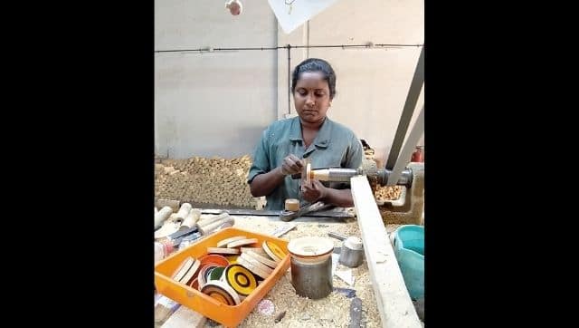 Channapatna artisan Pallavi at work