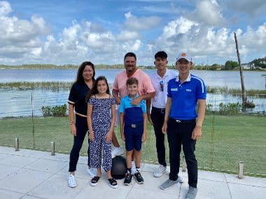 From left Samantha, Coco, Daniel Chorpra, Casper, caddie Camp Pulit and Jazz Janewattanananond. Image credit: PGA Tour