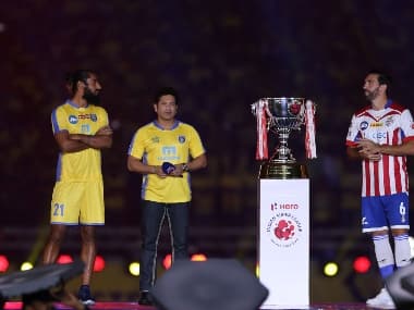 Sandesh Jhingan of Kerala Blasters FC , Sachin Tendulkar and Jordi Figueras Montel of Atletico de Kolkata FC during the opening ceremony of the Hero Indian Super League held at the Jawaharlal Nehru Stadium in Kochi on the 17th November 2017 Photo by: Ron Gaunt / ISL / SPORTZPICS