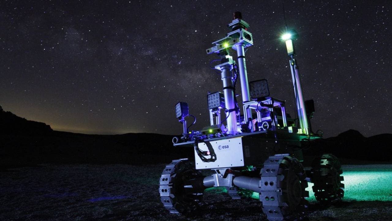 ESA’s light-studded Rover Autonomy Testbed seen during night testing in Tenerife, intended to simulate the low light environment of the lunar poles. Image credit: Fernando Gandía/GMV
