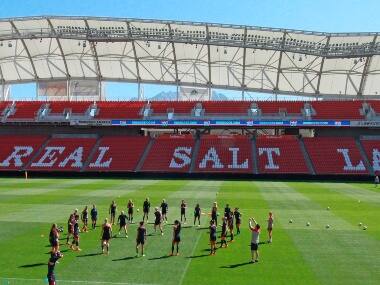 Members of the US Women’s National team warm up during practice at Rio Tinto Stadium in Sandy, Utah. AP