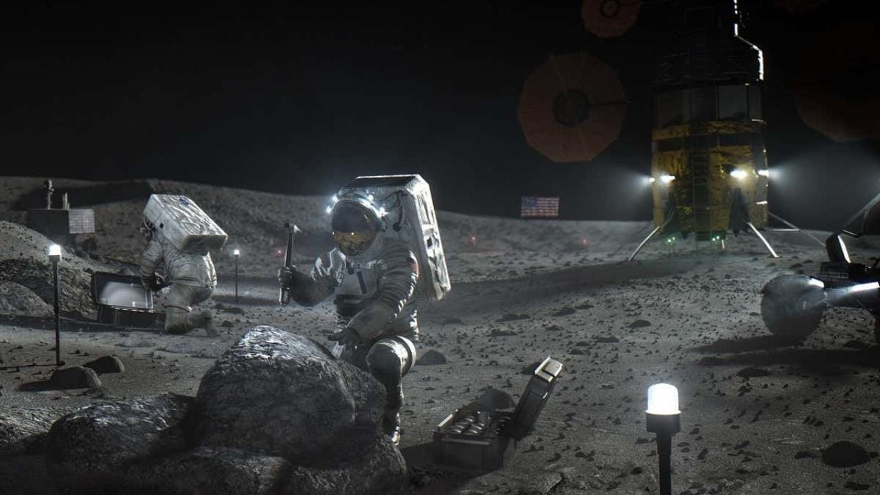 This illustration made available by NASA in April 2020 depicts Artemis astronauts on the Moon. On Thursday, April 30, 2020, NASA announced the three companies that will develop, build and fly lunar landers, with the goal of returning astronauts to the moon by 2024. The companies are SpaceX, led by Elon Musk; Blue Origin, founded by Amazon’s Jeff Bezos; and Dynetics, a Huntsville, Ala., subsidiary of Leidos. (NASA via AP)