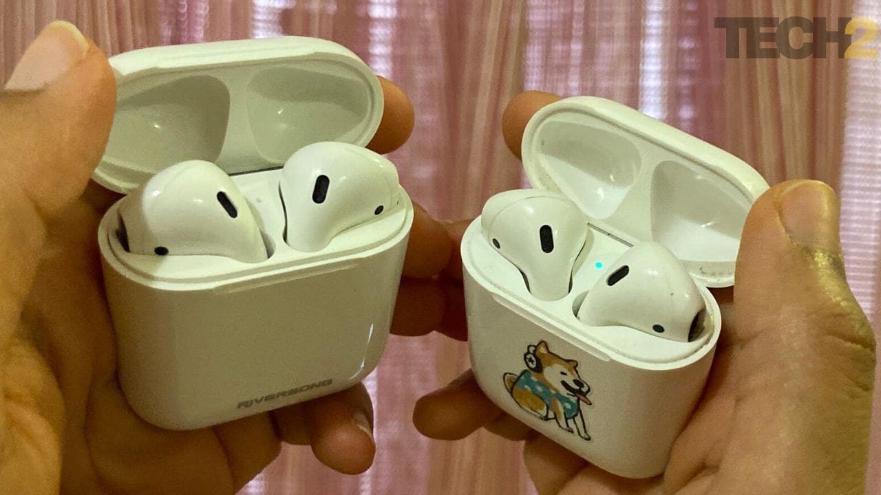 One the left, Riversong Air X5+, on the right, Apple AirPods first generation. Image: tech2/Nandini Yadav