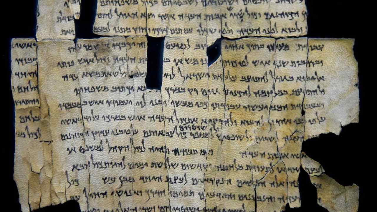 Part of Dead Sea Scroll number 28a (1Q28a) from Qumran Cave 1. From Qumran (Khirbet Qumran or Wadi Qumran), West Bank of the Jordan River, near the Dead Sea, modern-day State of Israel. The Jordan Museum, Amman, Jordan Hashimite Kingdom. Image credit: Osama Shukir Muhammed Amin