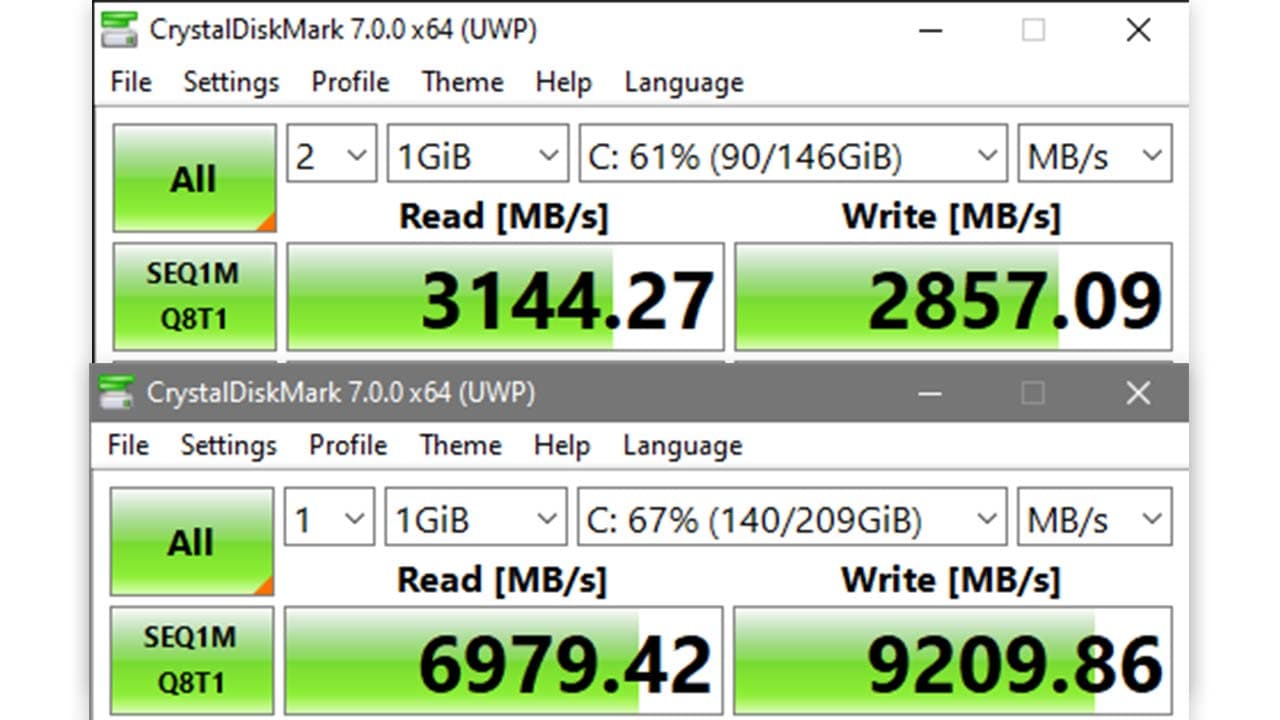 Top: Mi Notebook 14 HE. Bottom: Samsung 840 EVO. How is a SATA SSD outperforming the very best PCIe SSDs on the planet? Hint: Caching
