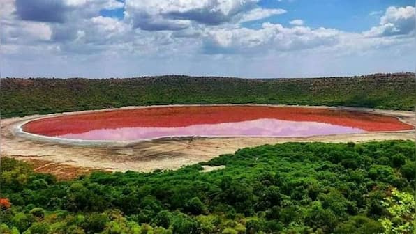 Green waters of Maharashtra's Lonar lake turn pink, experts blame salinity and presence of algae; see pics here