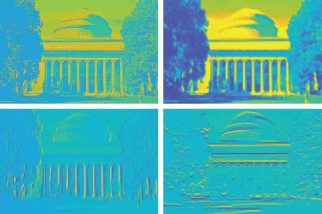 A new brain-on-a-chip reprocessed an image of MIT’s Killian Court, including sharpening and blurring the image, more reliably than existing neuromorphic designs. Image: Researchers