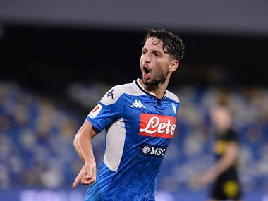 Napoli's Dries Mertens celebrates after scoring his side's opening goal against Inter Milan. AP