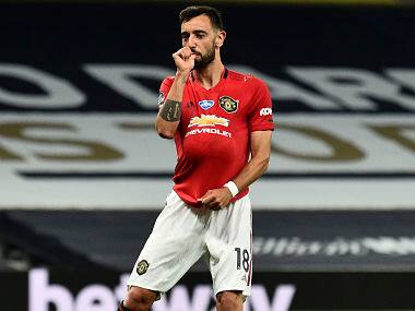 Manchester United's Bruno Fernandes celebrates after scoring a penalty against Tottenham Hotspur. AP