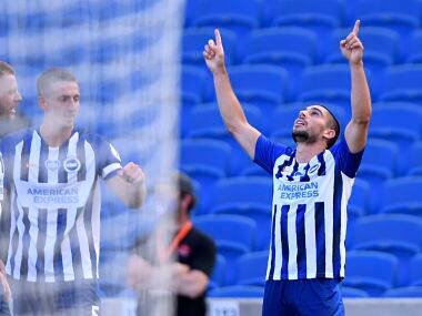 Brighton's Neal Maupay celebrates after scoring his side's second goal against Arsenal during their Premier League match. AP