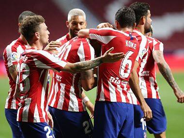 Atletico Madrid players celebrate after scoring against Valladolid. Image Courtesy: Twitter @atletienglish 