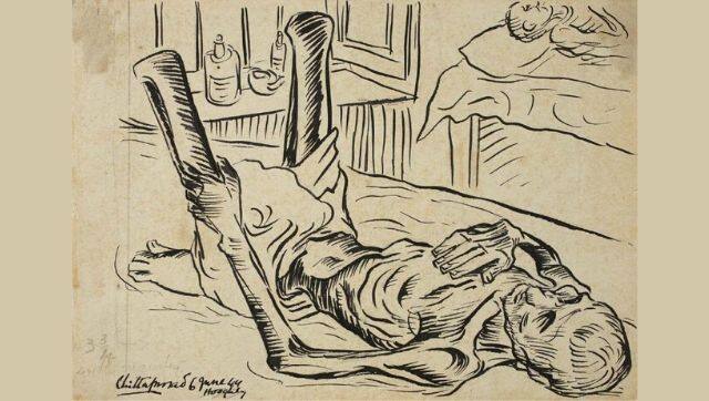 ‘Motilal Guin, Famine Emergency Relief Hospital, Chinsurah.’ Sketch from Hungry Bengal by Chittaprosad Bhattacharya, 1944. Courtesy: DAG