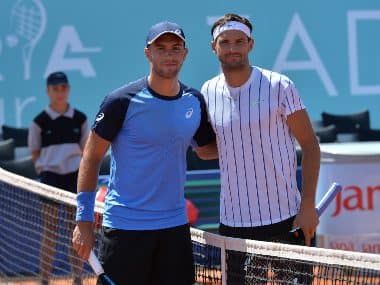 Croatia's Borna Coric (R) and Grigor Dimitrov during an Adria TOur match. AP