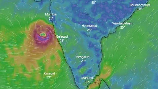 Cyclone Nisarga heading towards Mumbai&rsquo;s west coast as of 5.30 pm on 2 June. Image screenshot from Windy.com