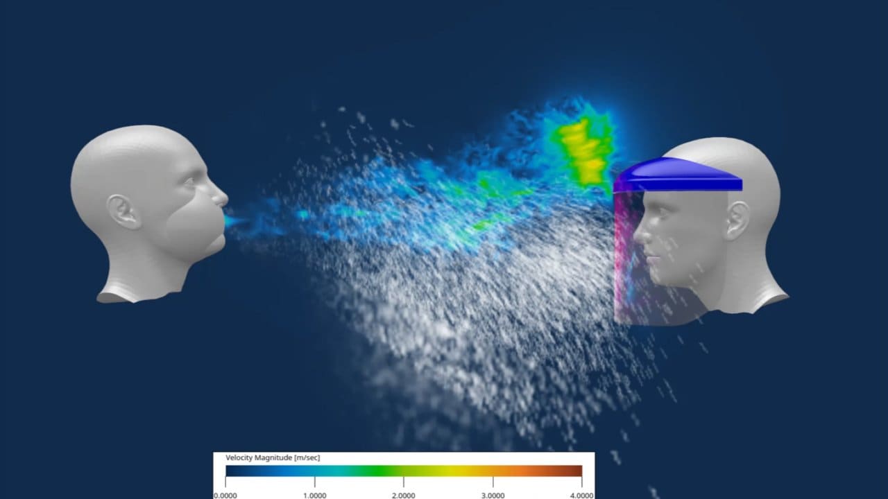 The effectiveness of a facemask, demo'd in the COVID-19 coronavirus sneeze simulation by Dassault. Image: Dassualt Systemes