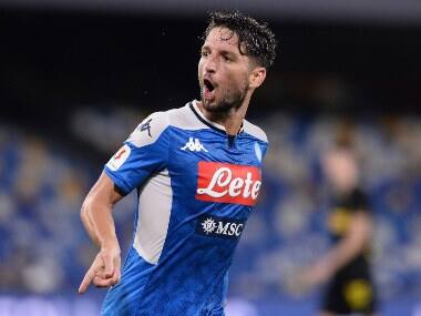 Dries Mertens celebrates scoring his side's opening goal during the Italian Cup second leg semi-final match between Napoli and Inter Milan. AP