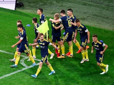 FC Rostov players celebrate after scoring against Sochi. AP