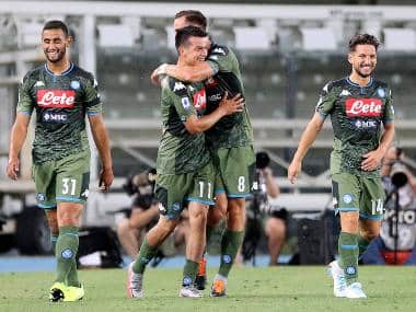 Hirving Lozano celebrates scoring for Napoli against Hellas Verona. AP