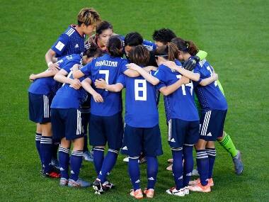 Japan players embrace ahead of the Women's World Cup round of 16 soccer match between the Netherlands and Japan at Roazhon Park, in Rennes, France, Tuesday, June 25, 2019. (AP Photo/Francois Mori)