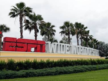 A sign marking the entrance to ESPN's Wide World of Sports at Walt Disney World is seen Wednesday, June 3, 2020, in Kissimmee, Fla. The NBA has told the National Basketball Players Association that it will present a 22-team plan for restarting the season at Disney. (AP Photo/John Raoux)