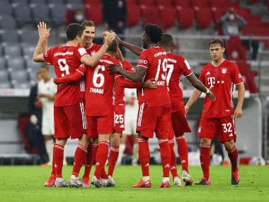 Bayern Munich's Robert Lewandowski celebrates scoring the winning goal against Eintracht Frankfurt. AP