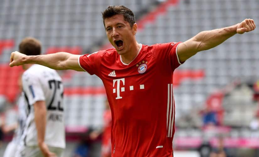 Robert Lewandowski celebrates after scoring Bayern Munich's second goal. AP 
