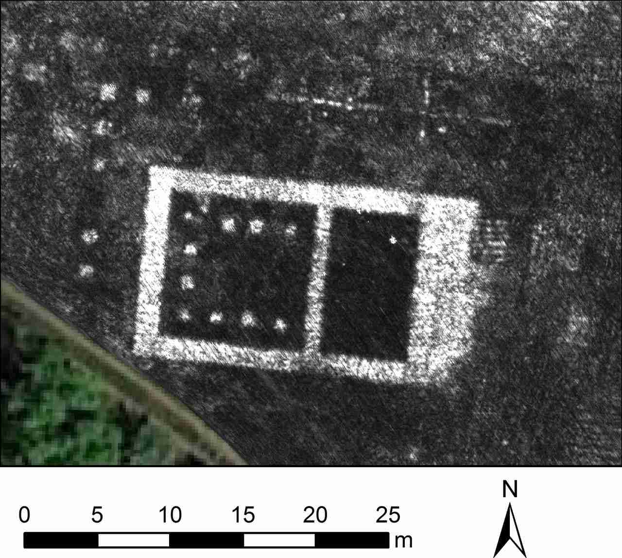 A slice of GPR data from the ancient Roman city of Falerii Novi in Italy reveals the outlines of the town's buildings, captured on 8 May 2020. Image: L Verdonck via Reuters