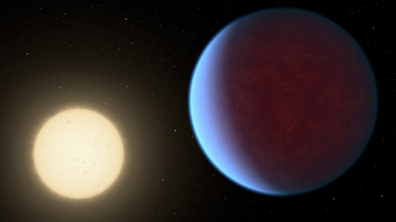 The super-Earth exoplanet 55 Cancri e, depicted with its star in this artist's concept, likely has an atmosphere thicker than Earth's but with ingredients that could be similar to those of Earth's atmosphere. Image credit: NASA/JPL-Caltech