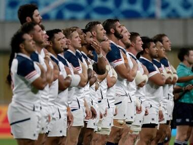 The USA team sing their national anthem ahead of the Rugby World Cup Pool C game at Kobe Misaki Stadium, between England and the United States in Kobe, Japan.