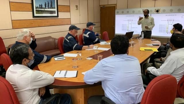 Senior Oil India technocrats brief the experts from M/s Alert Disaster Control about the progress in the well control operation on 8 June 2020 before leaving for the blowout site at Baghjan. Image courtesy @OilIndiaLimited