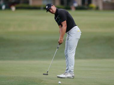 Jordan Spieth putts on the 10th green during the first round of the RBC Heritage golf tournament, Thursday, June 18, 2020, in Hilton Head Island, S.C. (AP Photo/Gerry Broome)