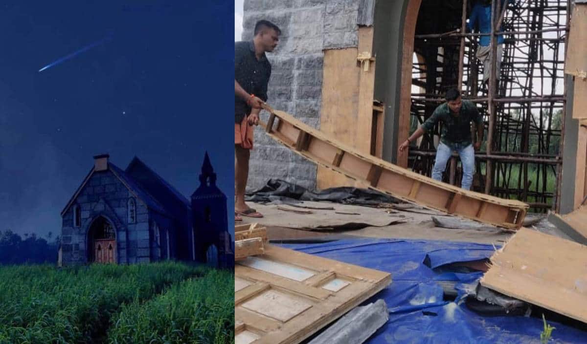 The vandalised set (right) of Minnal Murali in Ernakulam. Images from Twitter @ttovino
