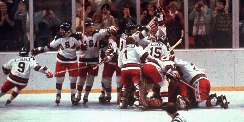 File image from February 1980 showing the US ice hockey team pouncing on goalie Jim Craig after their 4-3 victory against the Soviet Union at the the 1980 Winter Olympics in Lake Placid. AP Photo