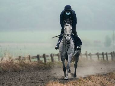 Exercising on the gallops racehorse Fair Sheriff is ridden by jockey Nathan Moscrop at Howe Hill Stables, near Darlington, England on 28 May 2020. AP