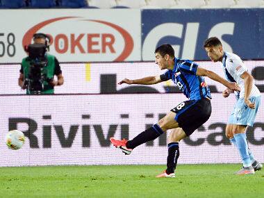 Atalanta’s Ruslan Malinovskyi scores a goal during a Serie A soccer match between Atalanta and Lazio, at the Gewiss Stadium in Bergamo, Italy, Wednesday, June 24, 2020. (Giuseppe Zanardelli/LaPresse via AP)