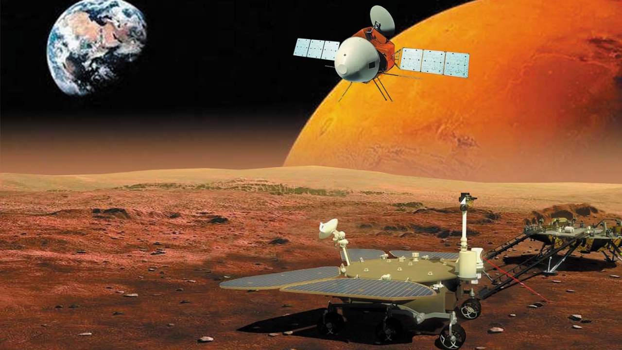 Artist’s impression of the Tianwen-1 mission that is a combination of orbiter, lander and rover. Image credit: Nature