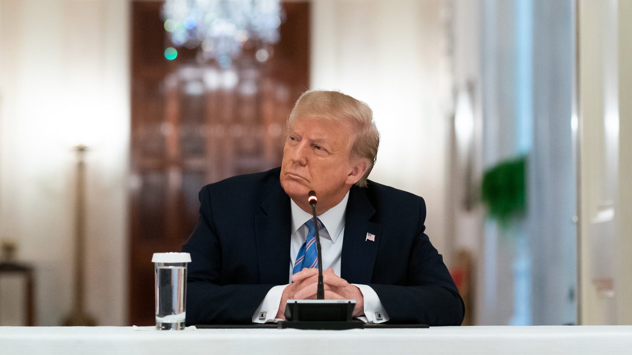 President Donald J. Trump listens to participants deliver remarks during the National Dialog on Safely Reopening America's Schools event Tuesday, July 7, 2020, in the East Room of the White House. (Official White House Photo by Andrea Hanks)