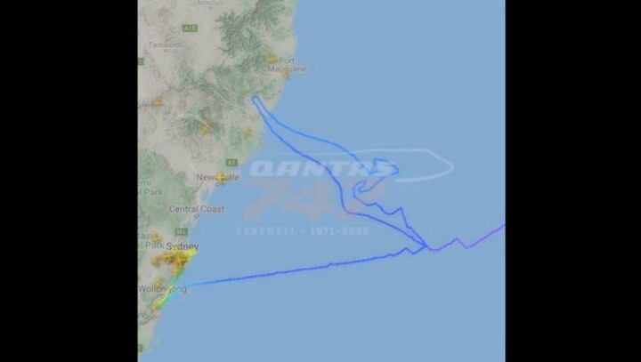Qantas' last Boeing 747 traces carrier's iconic kangaroo logo after taking to sky for its final journey