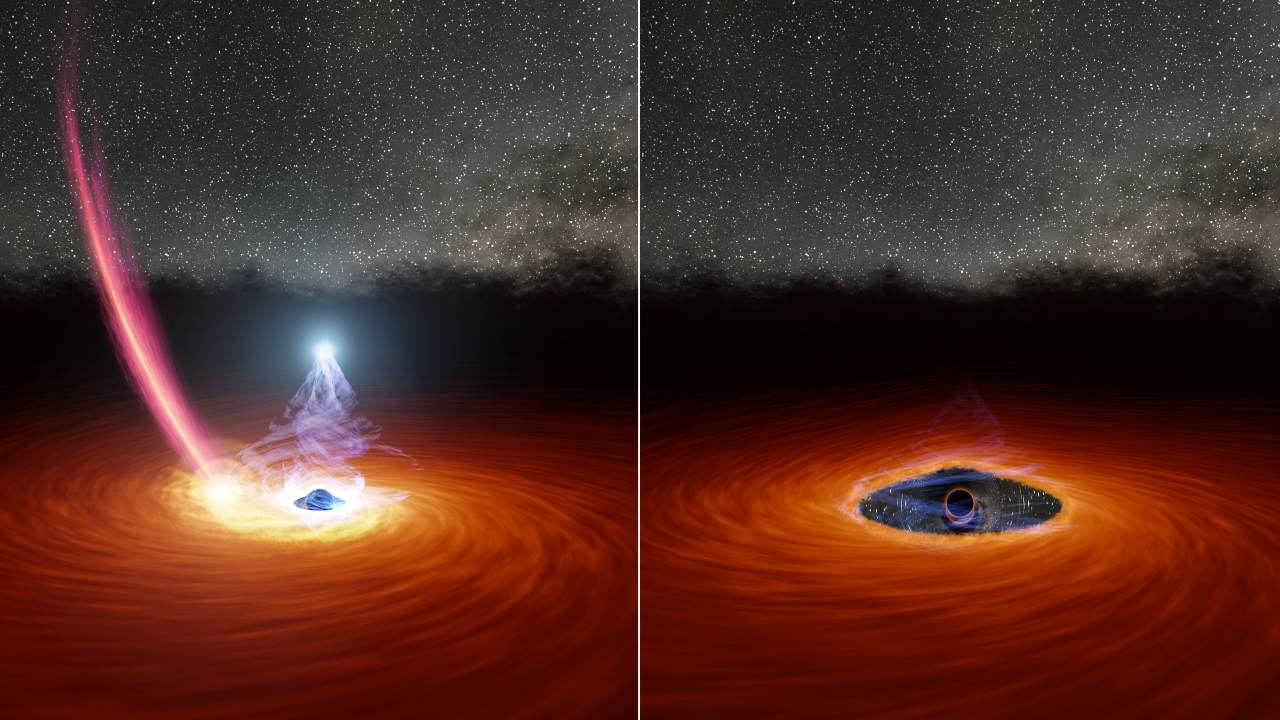 Astronomers at MIT and elsewhere watched a black hole’s corona disappear, then reappear, for first time. A colliding star may have triggered the drastic transformation. Image: NASA/JPL-Caltech/MIT