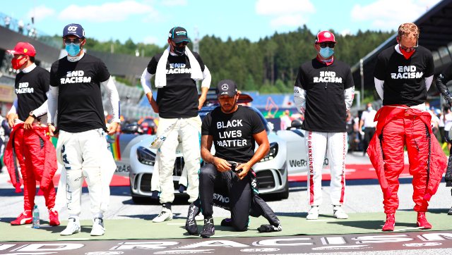 Formula 1 2020: F1 drivers wear black t-shirts with 'End Racism' on it; six of 20 refuse to take the knee Formula 1 2020: F1 drivers wear black t-shirts with 'End Racism' on it; six of 20 refuse to take the knee