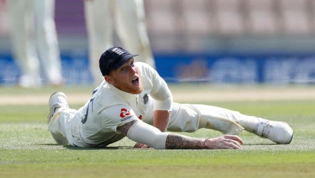 Ben Stokes reacts after dropping a Jermaine Blackwood catch at first slip. AP