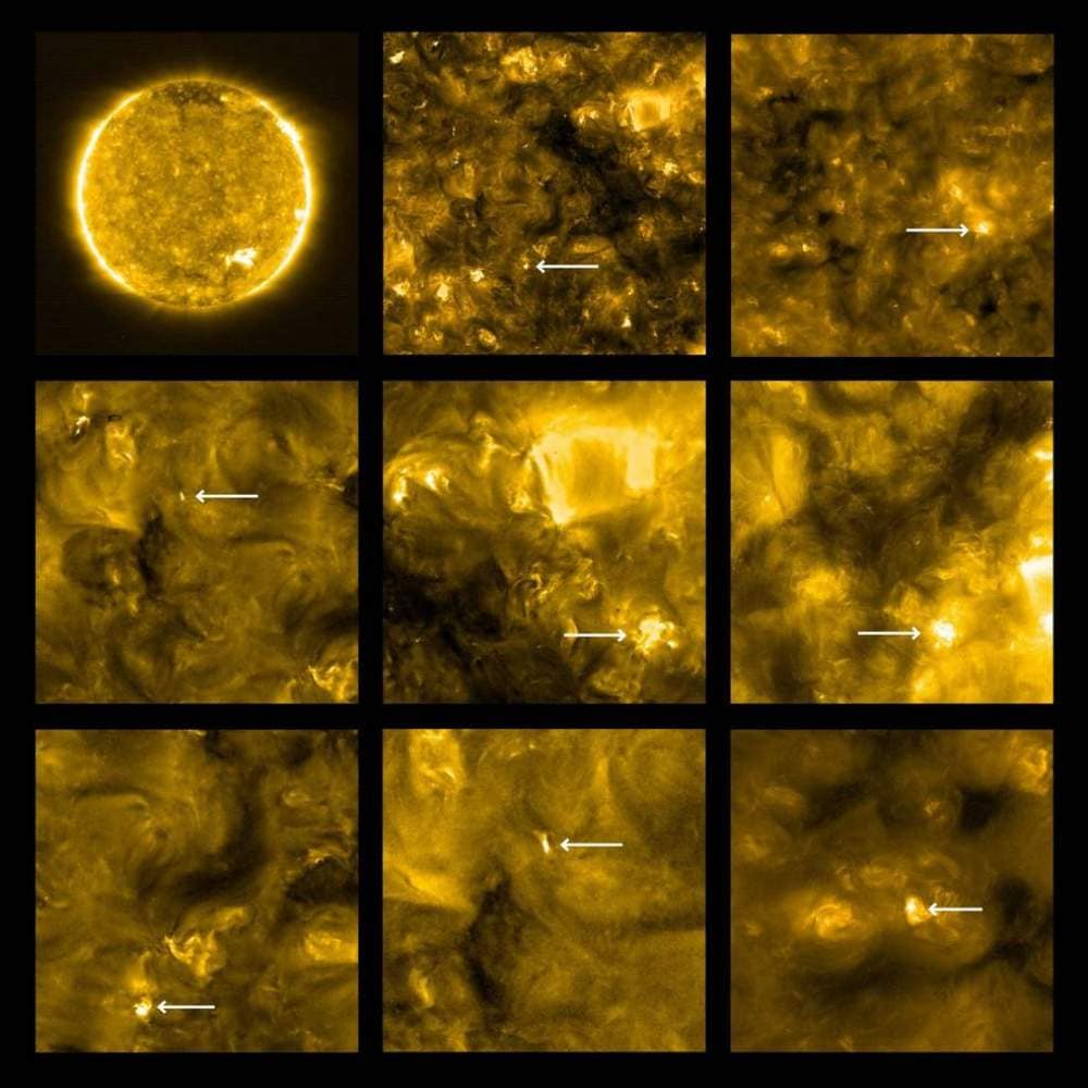 'Campfires' spotted by the Solar Orbiter are annotated with white arrows. Image: NASA/ESA