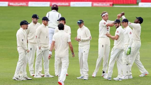 Stuart Broad helped the hosts to score 369 in their first innings at Old Trafford and then tormented the West Indies batsmen with the ball as the visitors ended day two on 137-6 when bad light stopped play. AP 