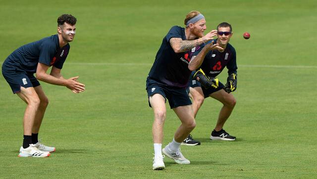 England captain Ben Stokes takes a catch in the slips during a nets session at the Ageas Bowl in Southampton, England, Tuesday July 7, 2020. England are scheduled to play West Indies in their first Test match on July 8-12. (Stu Forster/Agency Pool)