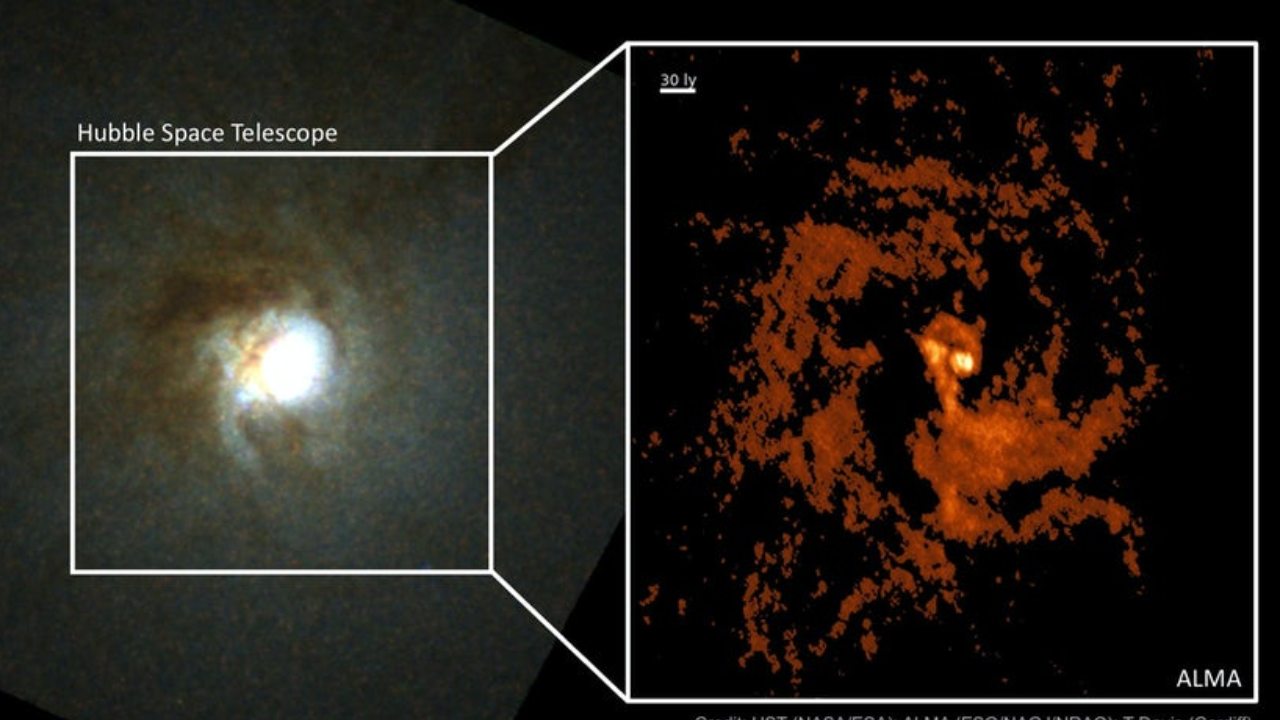 A super massive black hole as captured by Hubble and ALMA telescope. Image credit: Cardiff University