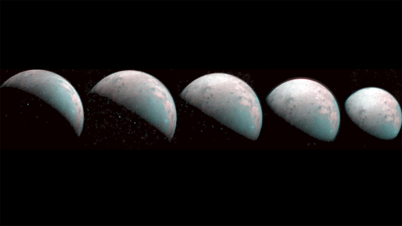 These images the JIRAM instrument aboard NASA's Juno spacecraft took on Dec. 26, 2019, provide the first infrared mapping of Ganymede's northern frontier. Frozen water molecules detected at both poles have no appreciable order to their arrangement and a different infrared signature than ice at the equator. Image credit: NASA/JPL-Caltech/SwRI/ASI/INAF/JIRAM