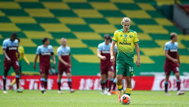 Norwich City's Todd Cantwell wears a dejected look after his side conceded a fourth goal to West Ham. AP