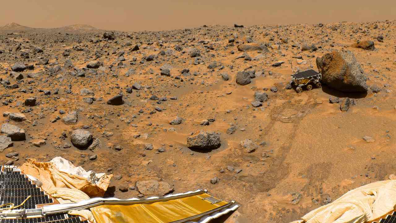 This portion of a classic 1997 panorama from the IMP camera on the mast of NASA's Mars Pathfinder lander includes 