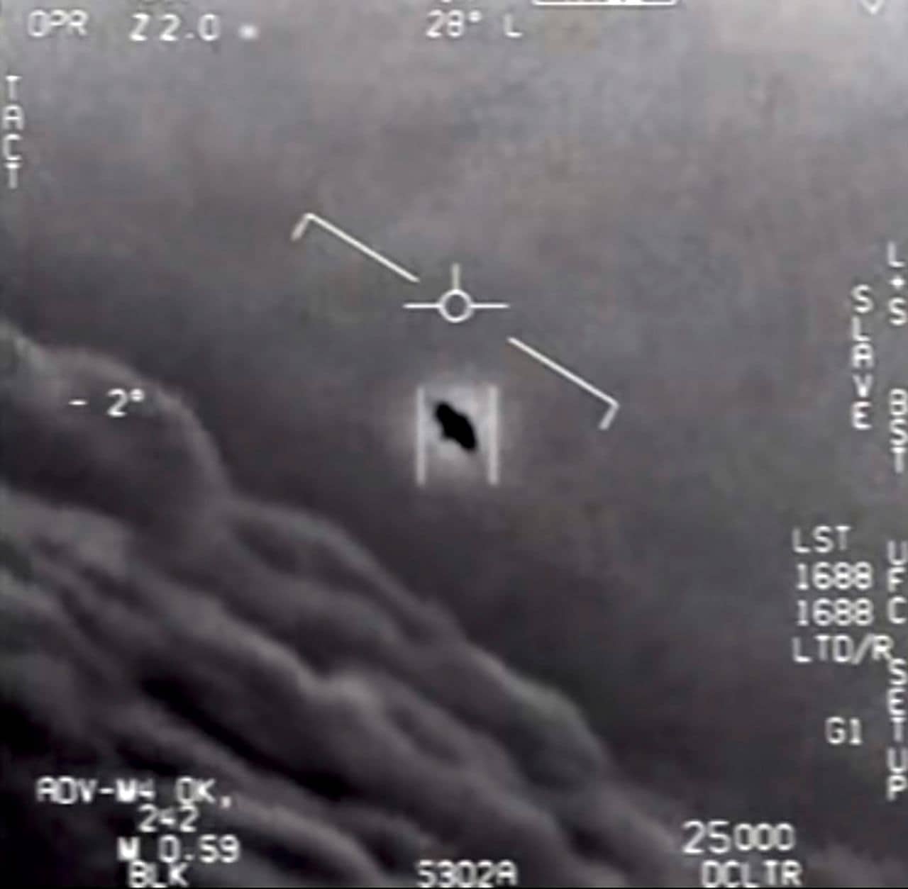 A still image from video released by the Department of Defense shows a 2004 encounter near San Diego between two Navy F/A-18F fighter jets and an unknown object. Despite Pentagon statements that it disbanded a once-covert program to investigate unidentified flying objects, the effort remains underway — renamed and tucked inside the Office of Naval Intelligence, where officials continue to study mystifying encounters between military pilots and unidentified aerial vehicles. By [Ralph Blumenthal and Leslie Kean/Department of Defense] © 2020 The New York Times
