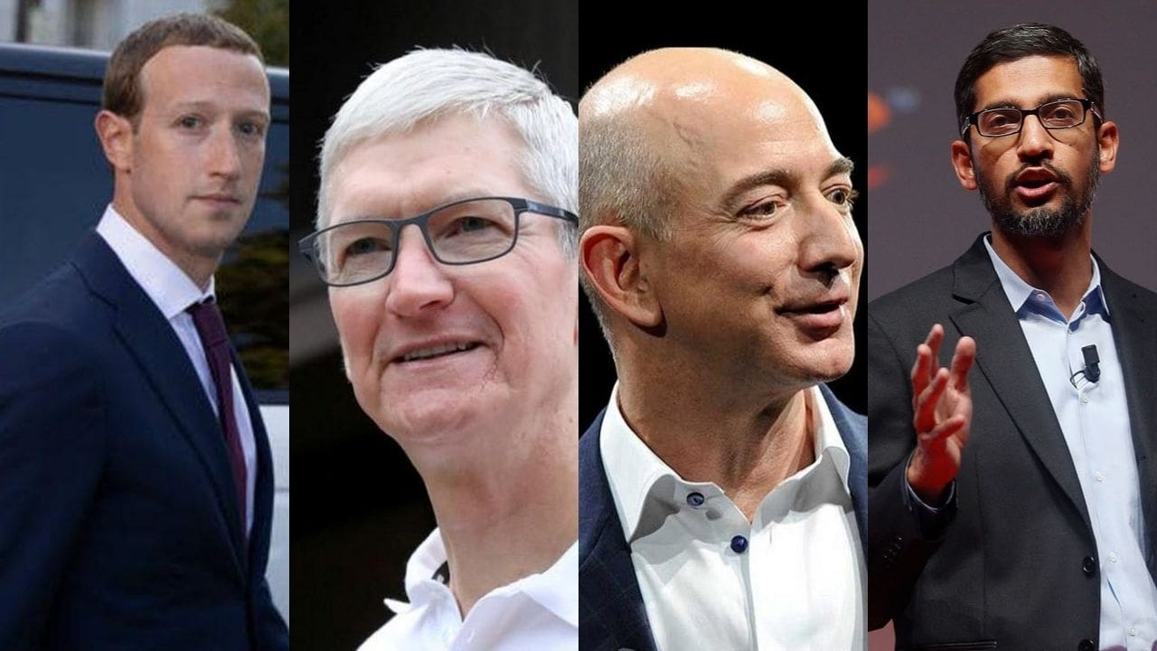 From left to right, Facebook CEO Mark Zuckerberg, Apple CEO Tim Cook, Amazon CEO Jeff Bezos, and Google CEO Sundar Pichai. 